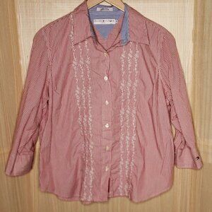 Tommy Hilfiger Womens Red White Stripe 3/4 Sleeve Button Down Eyelet Detail 16